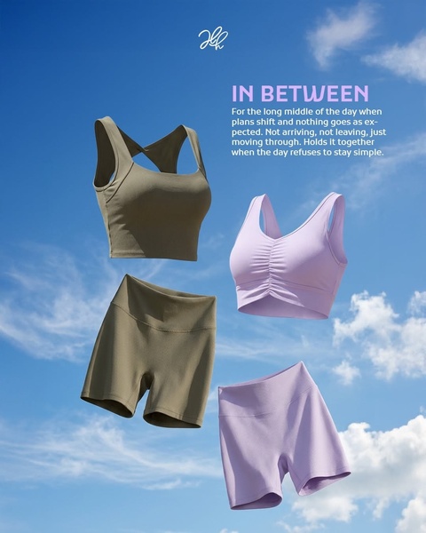 activewear set, sports bra, bike shorts, workout set, athletic crop top, gym outfit, fitness shorts, new arrival, brand awareness, minimalist, editorial, fresh, calm, blue, purple, green